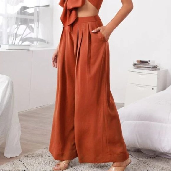 Boho 2 Piece Tie Front Tube Top & Pleated Wide Leg Pants Set burnt orange - Picture 6 of 12